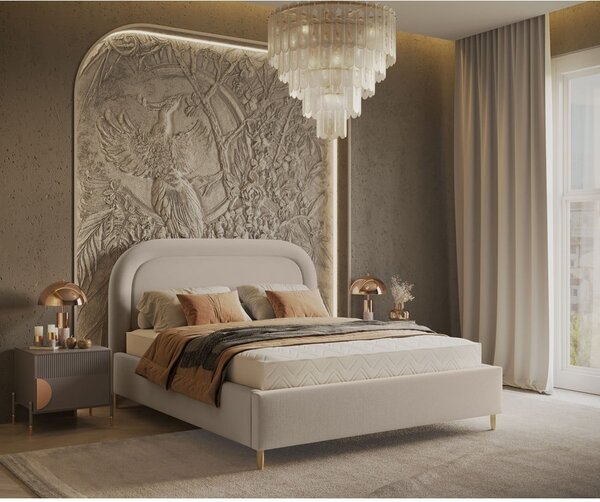 Bézs kárpitozott ágyneműtartós franciaágy ágyráccsal 180x200 cm Mija – Maison de Rêve