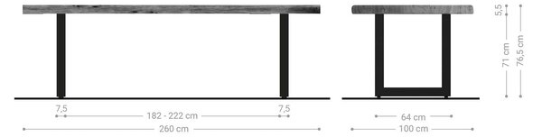 DELIFE Étkezőasztal Edge 260x100 XL akác platina rozsdamentes acél széles Live-Edge