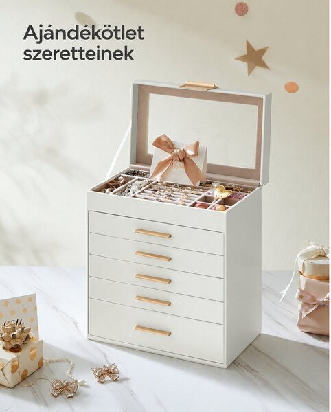 Üveglapos ékszerdoboz, 6 szintes, 5 fiókos, modern stílusban, fehér-arany