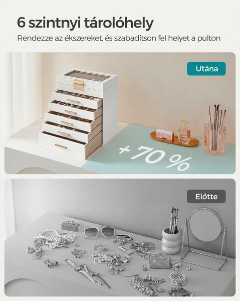 Üveglapos ékszerdoboz, 6 szintes, 5 fiókos, modern stílusban, fehér-arany