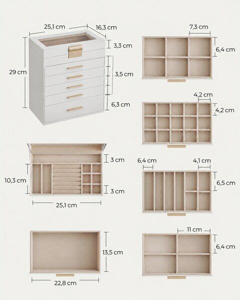 Üveglapos ékszerdoboz, 6 szintes, 5 fiókos, modern stílusban, fehér-arany