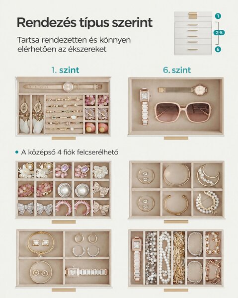 Üveglapos ékszerdoboz, 6 szintes, 5 fiókos, modern stílusban, fehér-arany