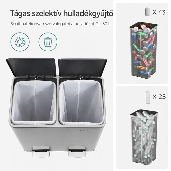 Szelektív hulladékgyűjtő, 2 műanyag belső tartállyal, 2 x 30 l
