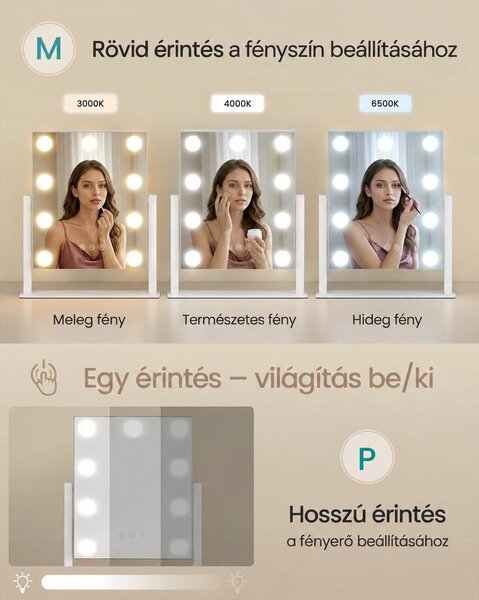 SONGMICS BERIT LED sminktükör, 3 fényszín, 10× nagyítás, 360°-ban forgatható, matt fehér