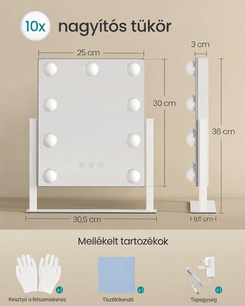 SONGMICS BERIT LED sminktükör, 3 fényszín, 10× nagyítás, 360°-ban forgatható, matt fehér
