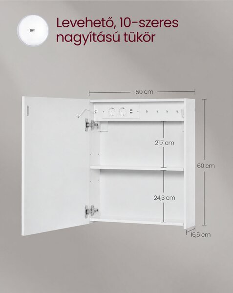 VASAGLE KAILYN tükrös fürdőszobai faliszekrény LED világítással, páramentesítő funkcióval, 10x-es nagyítótükörrel, 16,5 x 50 x 60 cm, fehér