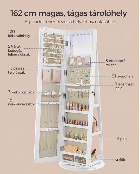 Ékszerszekrény, tükrös szekrény 360°-ban forgatható, fehér felülettel és greige