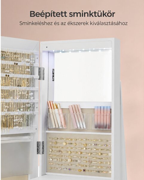 Ékszerszekrény, tükrös szekrény 360°-ban forgatható, fehér felülettel és greige