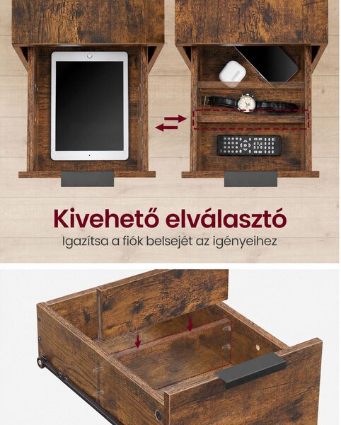 Oldalasztal, éjjeliszekrény beépített elosztóval barna és fekete színben