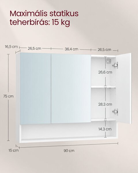 Fali tükörszekrény nyitott rekesszel és állítható polcokkal, felhőfehér