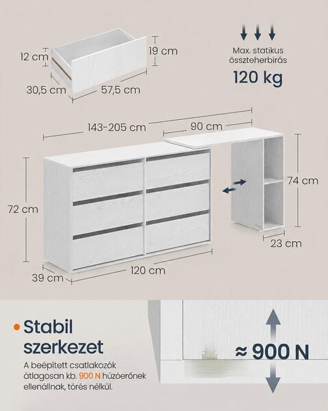 SONGMICS HOME KADIN fésülködőasztal és 6 fiókos komód, moduláris, hófehér