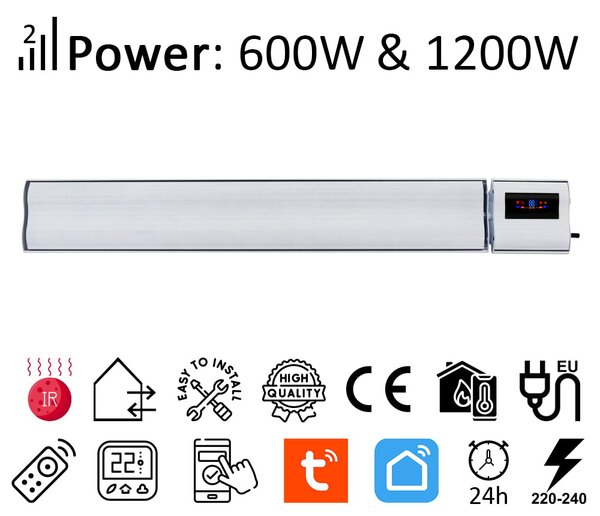 Infrapanel elektromos fűtés, fehér, ElectricSun, 1200W / 600W, SZ94xM15cm elektromos fűtőtest, termosztáttal és Smart Life App wifivel