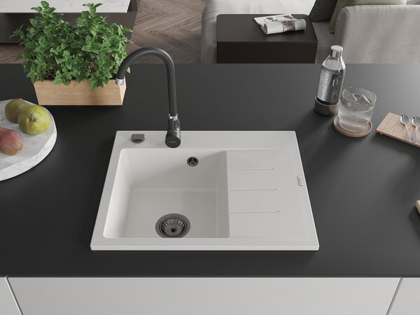 Mexen Ben, 1 kamrás gránit mosogató 600x500x190 mm, bal + fekete szifon, fehér, 6522605000-20-B