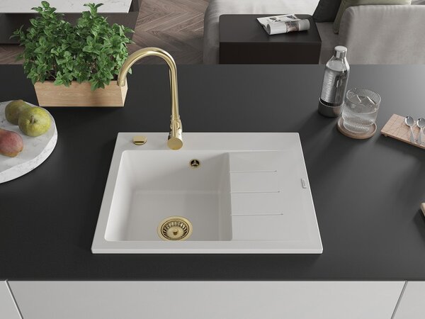 Mexen Ben, 1 kamrás gránit mosogató 600x500x190 mm, bal + arany szifon, fehér, 6522605000-20-G