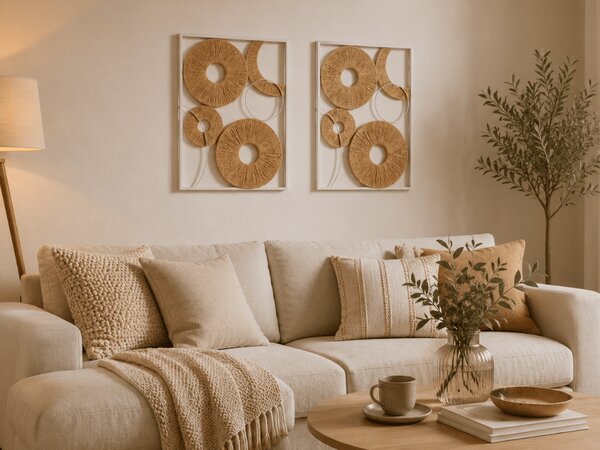 2 db-os fali dekorációs készlet CIRCLES fém 48x68 cm, fehér / bézs