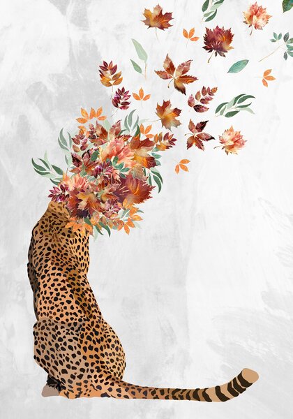 Illusztráció Cheetah Autumn Leaves Head, Sarah Manovski, (26.7 x 40 cm)