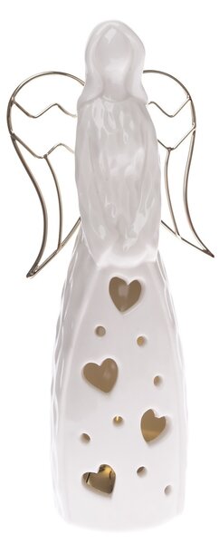 Angyal szívekkel porcelán elemes gyertyatartó,fehér, 8 x 19,5 cm