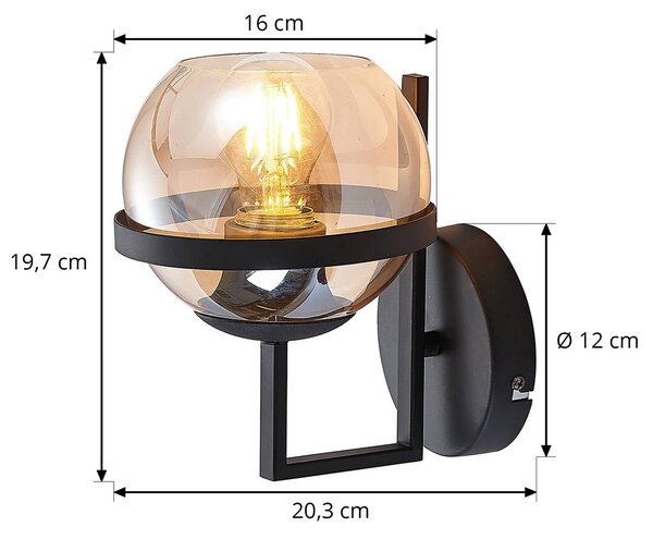 Lindby fali lámpa Marinka, magasság 20 cm, fekete, füstölt üveg, dimmelhető, Fekete, Nappali / Étkező, fém, Modern