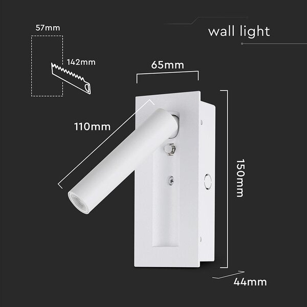 V-TAC CREE SMD falba süllyeszthető 2W LED olvasólámpa, meleg fehér, fehér ház - SKU 239986