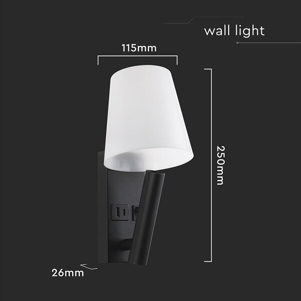V-TAC CREE SMD fali olvasólámpa 2W LED lámpa USB töltővel, meleg fehér, fekete ház - SKU 240016