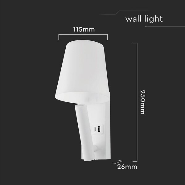 V-TAC CREE SMD fali olvasólámpa 2W LED lámpa USB töltővel, meleg fehér, fehér ház - SKU 240006