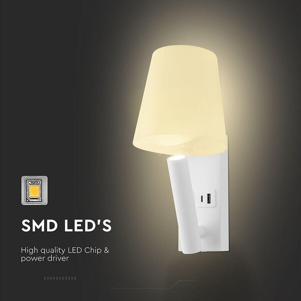 V-TAC CREE SMD fali olvasólámpa 2W LED lámpa USB töltővel, meleg fehér, fehér ház - SKU 240006
