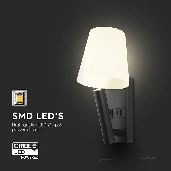 V-TAC CREE SMD fali olvasólámpa 2W LED lámpa USB töltővel, meleg fehér, fekete ház - SKU 240016