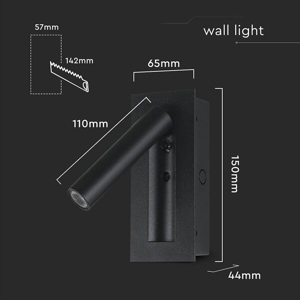 V-TAC CREE SMD falba süllyeszthető 2W LED olvasólámpa, meleg fehér, fekete ház - SKU 239996