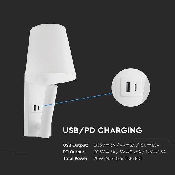 V-TAC CREE SMD fali olvasólámpa 2W LED lámpa USB töltővel, meleg fehér, fehér ház - SKU 240006