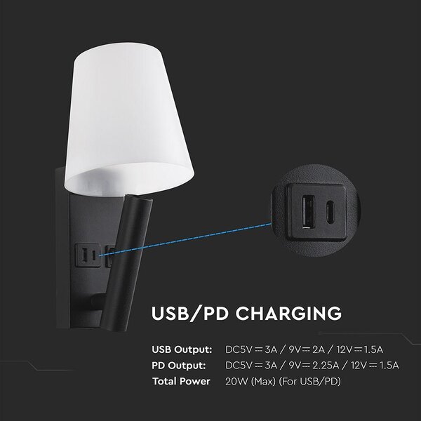 V-TAC CREE SMD fali olvasólámpa 2W LED lámpa USB töltővel, meleg fehér, fekete ház - SKU 240016