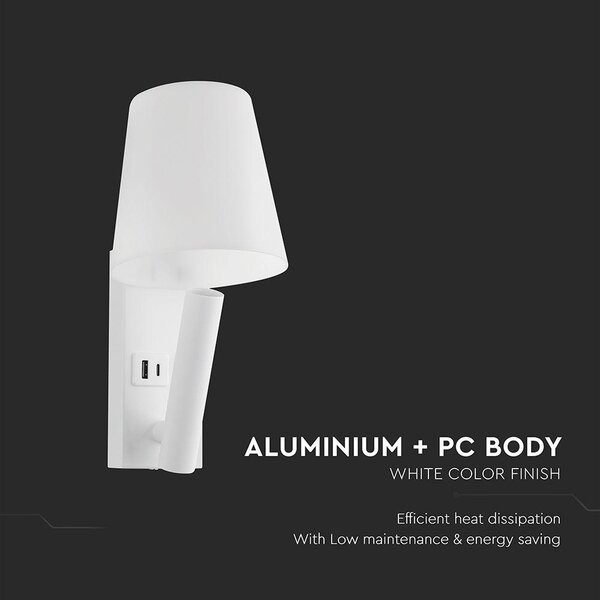 V-TAC CREE SMD fali olvasólámpa 2W LED lámpa USB töltővel, meleg fehér, fehér ház - SKU 240006