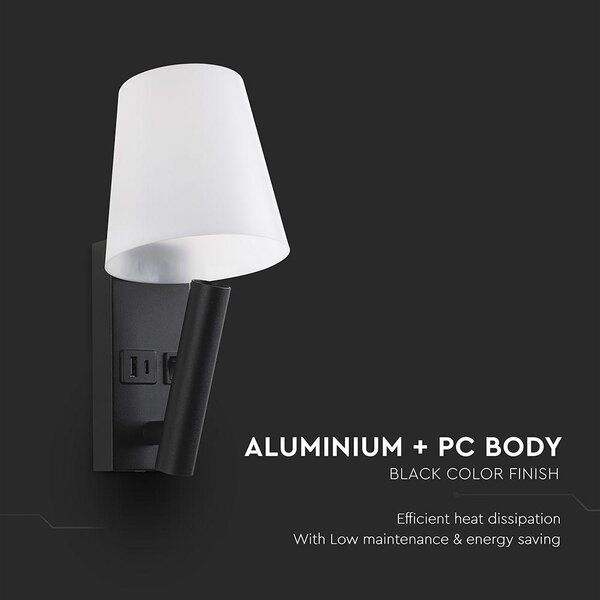 V-TAC CREE SMD fali olvasólámpa 2W LED lámpa USB töltővel, meleg fehér, fekete ház - SKU 240016