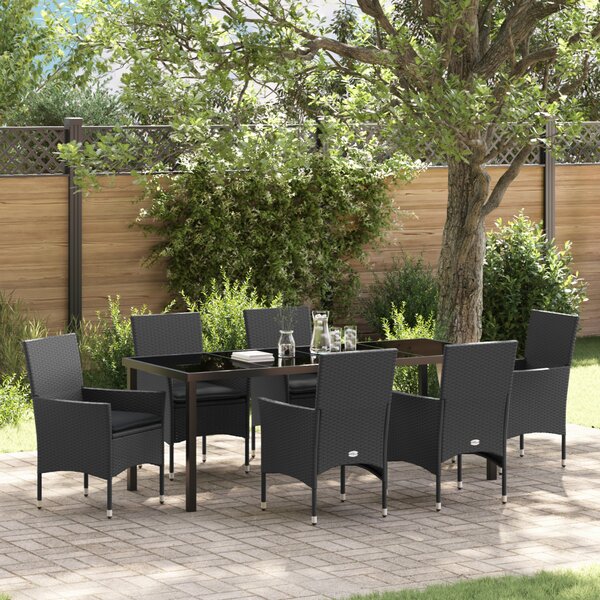 VidaXL 7 Darabos Kert Étkező Készlet Párnákkal Fekete Poli Rattan, vidaXL Kert Asztal Fekete 200x80x73 cm Edzett Üveg