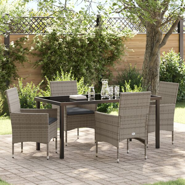 VidaXL 5 darabos Kerti Étkező Szett Párnákkal Szürke Poli Rattan, vidaXL Kerti Asztal Fekete 160x80x73 cm Edzett Üveg