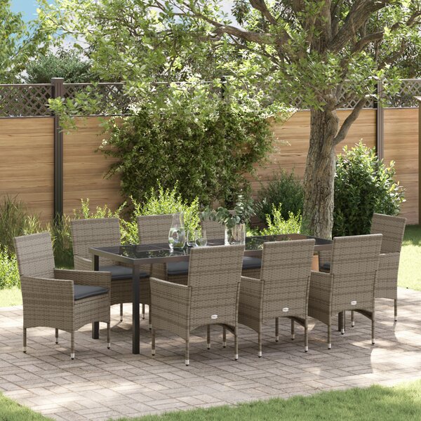 VidaXL 9 Fős Kerti Étkezőgarnitúra Párnákkal Szürke Poli Rattan, vidaXL Kerti Asztal Fekete 200x80x73 cm Edzett Üveg