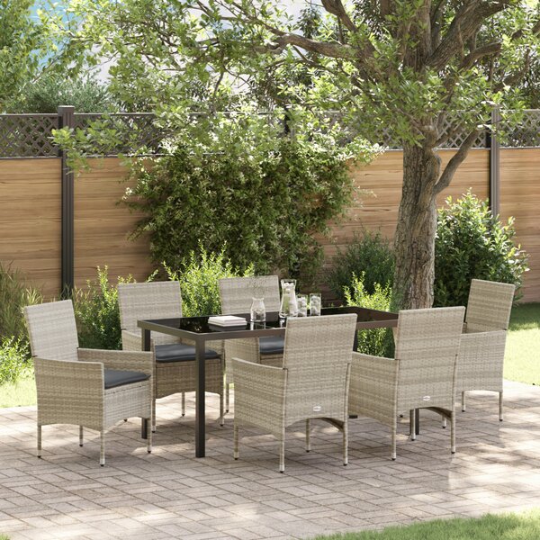 VidaXL 7 részes kerti étkező szett párnákkal világosszürke poli rattan, vidaXL kerti asztal fekete 160x80x73 cm edzett üvegből