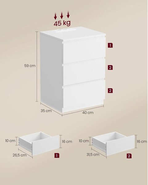 VASAGLE éjjeliszekrény 2 darabos szett, 2 hálózati aljzattal és 2 USB-porttal, fehér színben