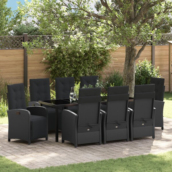 VidaXL 9 darabos kerti étkezőszett párnákkal fekete poli rattan, vidaXL kerti asztal fekete 200x80x73 cm edzett üveggel