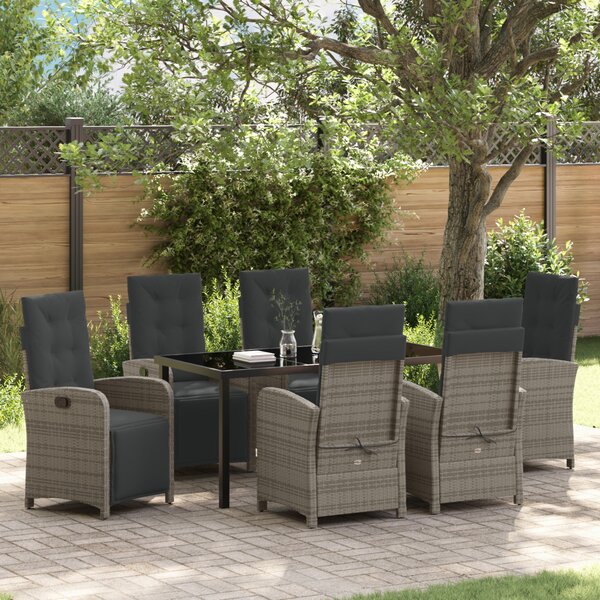 VidaXL 7 Részes Kerti Étkezőszett Párnákkal Szürke Poli Rattan, vidaXL Kerti Asztal Fekete 160x80x73 cm Edzett Üveg