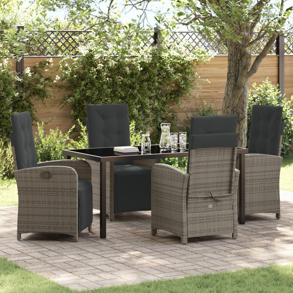 VidaXL 5 darabos kerti étkező szett párnákkal, szürke poli-rattan, vidaXL Kerti asztal fekete 160x80x73 cm edzett üvegből