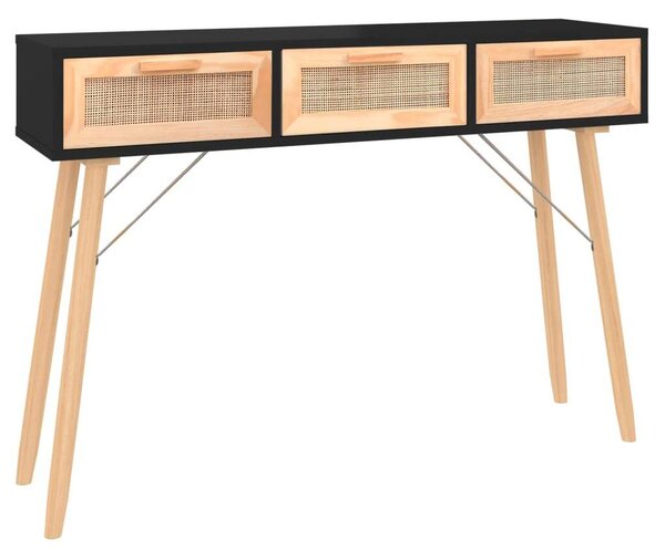 Fekete tömör fenyő és természetes rattan kisasztal 105x30x75 cm