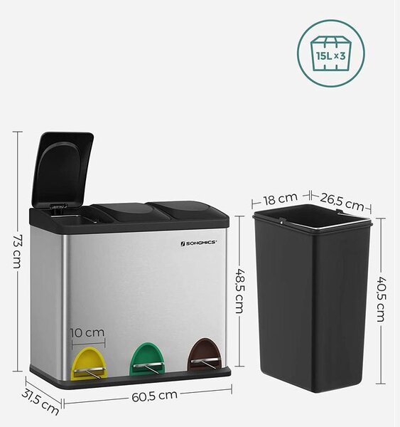 Pedálos szemetes rozsdamentes, szelektív szemétgyűjtő 45L(3 x 15L)