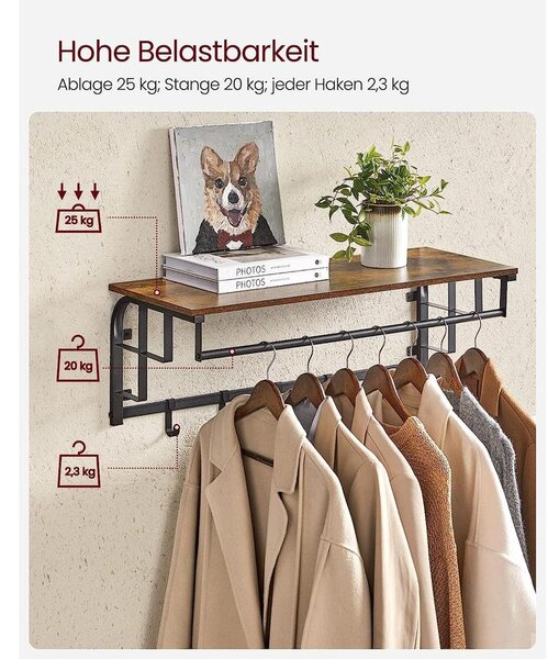 Falra szerelhető akasztós polc, kabáttartó rusztikus barna