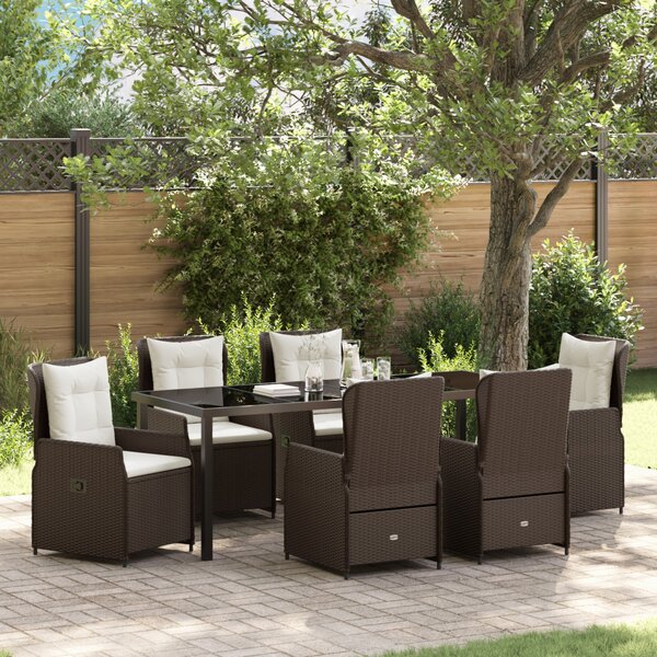 VidaXL 7 Darabos Kerti Étkezőszett Barna Poli Rattan, vidaXL Kerti Asztal Fekete 200x80x73 cm Edzett Üveggel