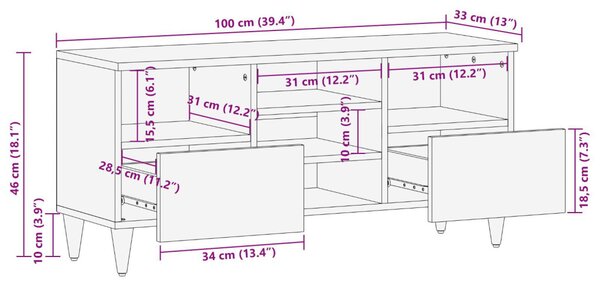 TV szekrény fiókkal Méz barna 100 x 33 x 46 cm Tömör Mangófát