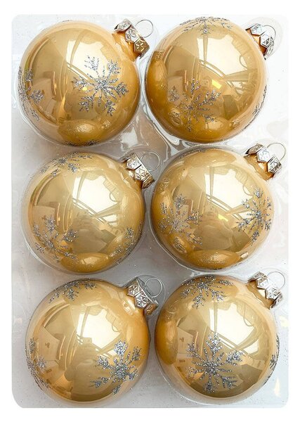 Gold snowflake pezsgőszínű kézzel festett üveg karácsonyi gömb szett 6*7cm