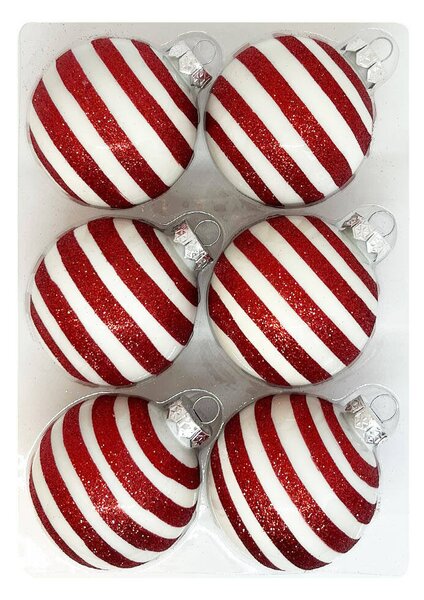 Red Glitter Stripe kézzel festett fehér-piros üveg karácsonyi gömb szett 6*7cm
