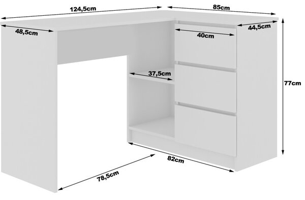 AKORD CLP Sarok Számítógépasztal 124 cm Fehér/Sonoma 3 Fiókos
