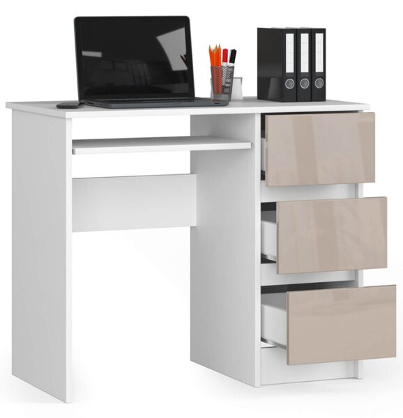AKORD CLP A-6 Számítógépasztal Laminált Fehér-Cappuccino Magasfényű 3 Fiókos