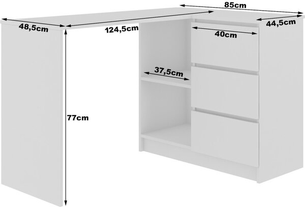 AKORD B16 Sarok Íróasztal 124 cm Jobbos 3 Fiókos Fehér/Fekete Magasfényű